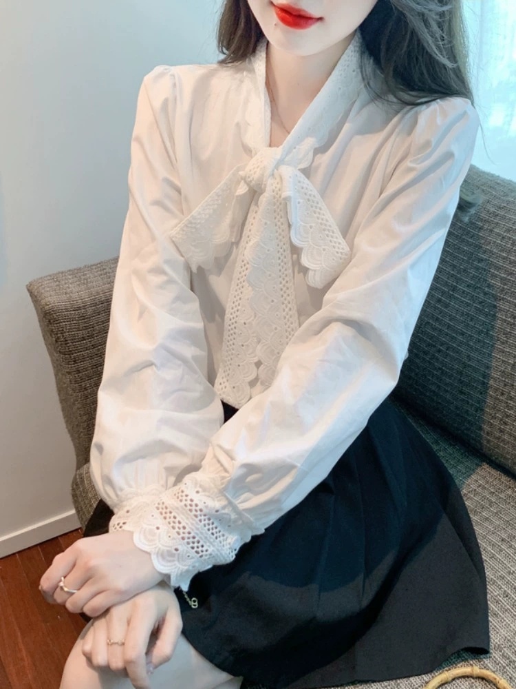 여자여자몰 배색 소매포인트 펀칭리본 긴팔블라우스 봄 간절기 편안한블라우스 페미닌 이미지 4