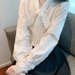 여자여자몰 배색 소매포인트 펀칭리본 긴팔블라우스 봄 간절기 편안한블라우스... 착용 후기 | 사이즈/핏 총정리 - 상품 이미지 4