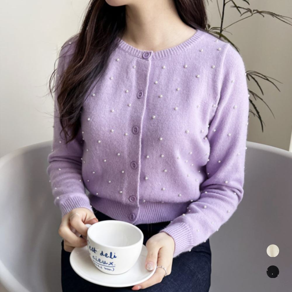 연보라가디건 라운드넥 진주 크롭 짧은 숏 니트 가디건 이미지