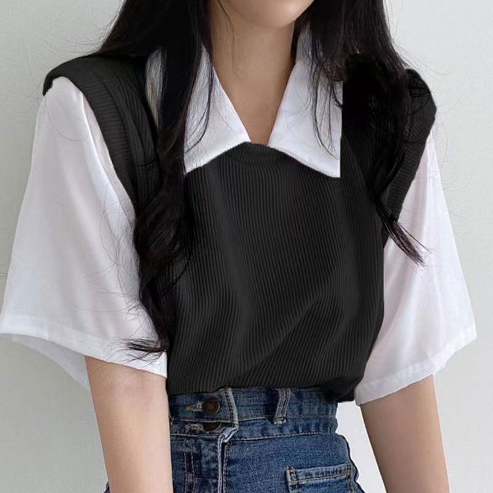 여성 카라티 반팔티 루즈핏 티 배색 골지 티셔츠 이미지 2