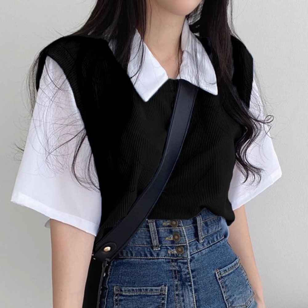 여성 카라티 반팔티 루즈핏 티 배색 골지 티셔츠 이미지 3