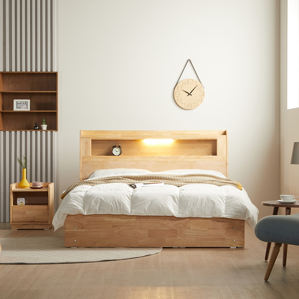 장인가구 케트렌 원목 LED헤드 수납 침대프레임 Q