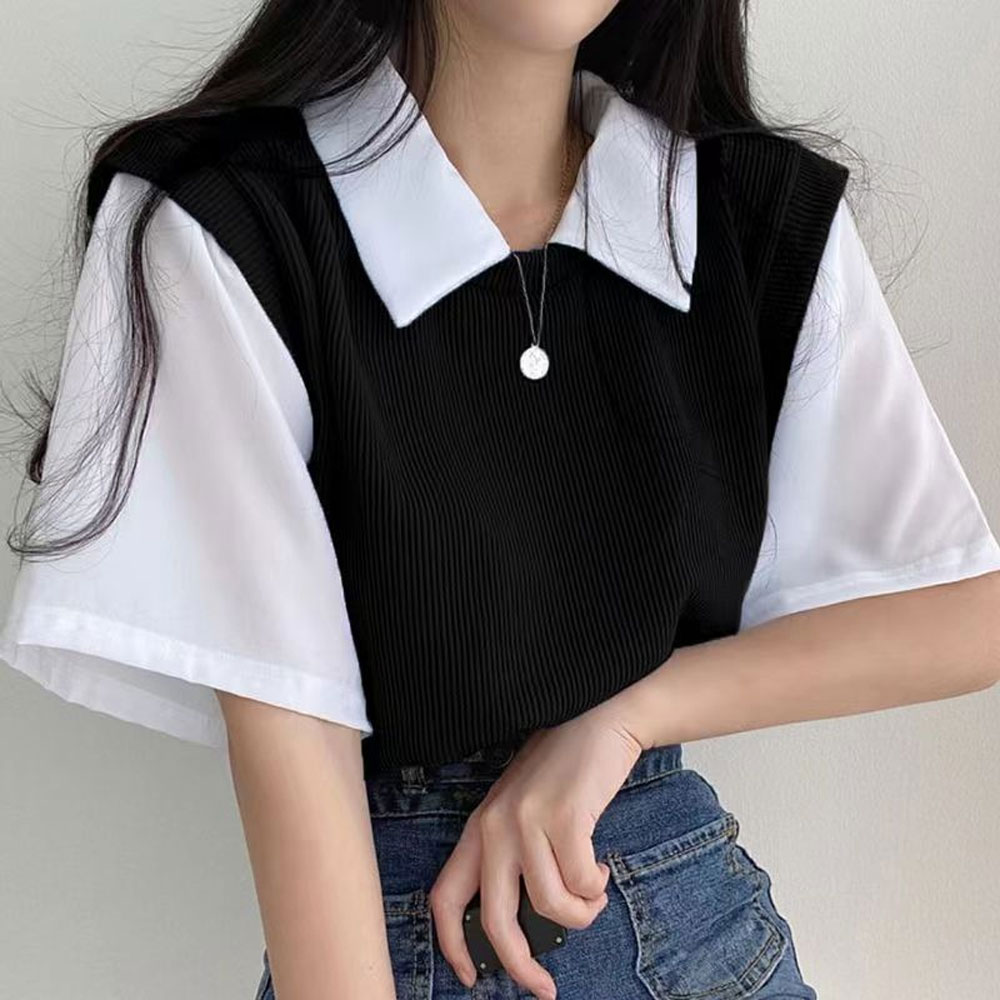 여성 카라티 반팔티 루즈핏 티 배색 골지 티셔츠 제품 이미지