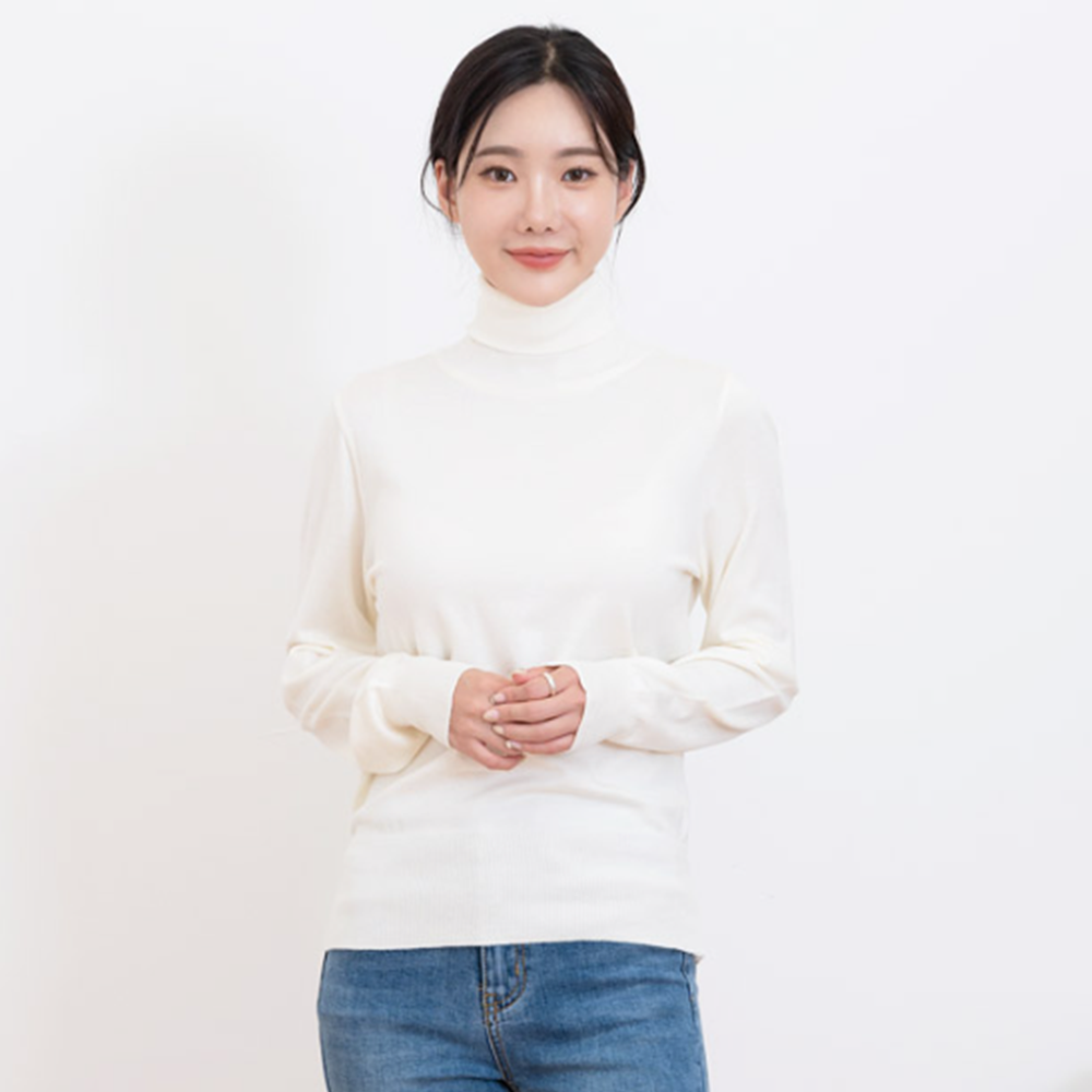 목티니트 흰색 얇은 여성 기본 긴팔 이너 목폴라 티셔츠 이미지 2