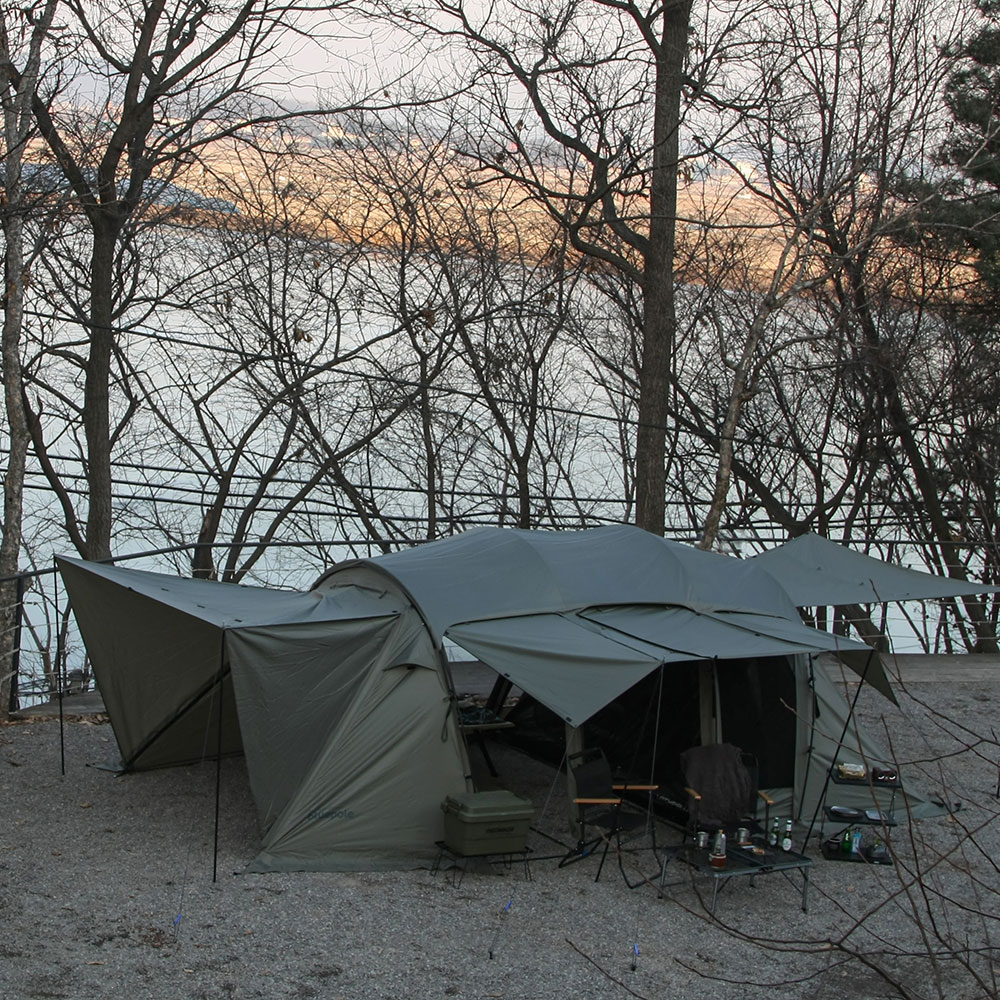 블루폴 리치필드 리빙쉘 텐트 터널형 쉘터 거실형 대형 장박 감성 캠핑텐트 테라리움카키