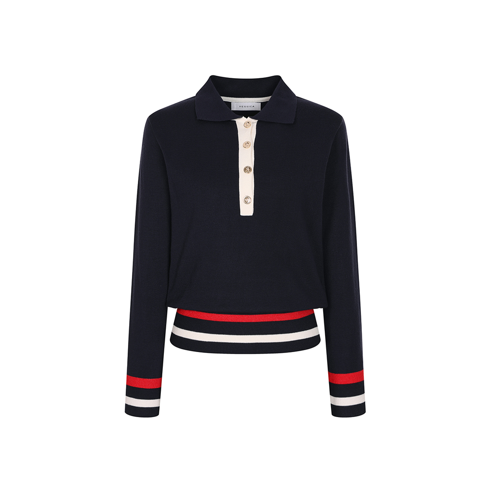 예시카 금장 버튼 배색 카라 니트 YI1KP426