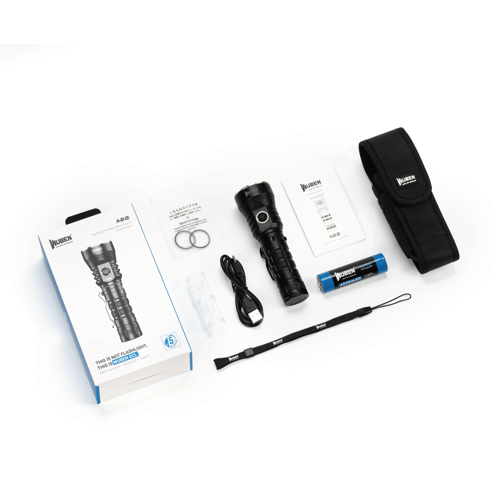 우벤 A22 고성능 손전등 후레쉬 4500루멘 충전식 전술 군용 랜턴 고휘도 써치라이트