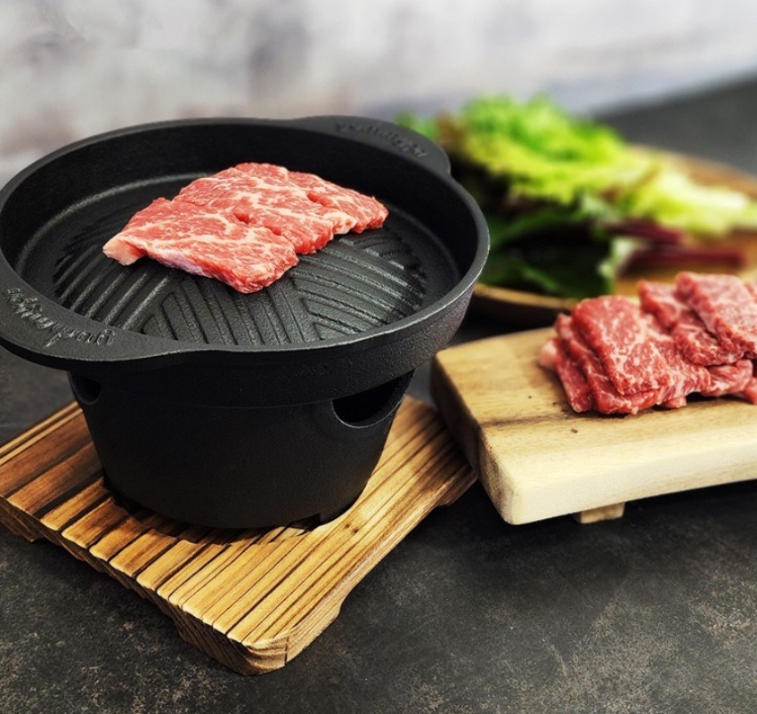 가정용 무쇠 주물 미니 개인화로 1인 캠핑 숯불 바베큐 그릴팬 고체연료 세트
