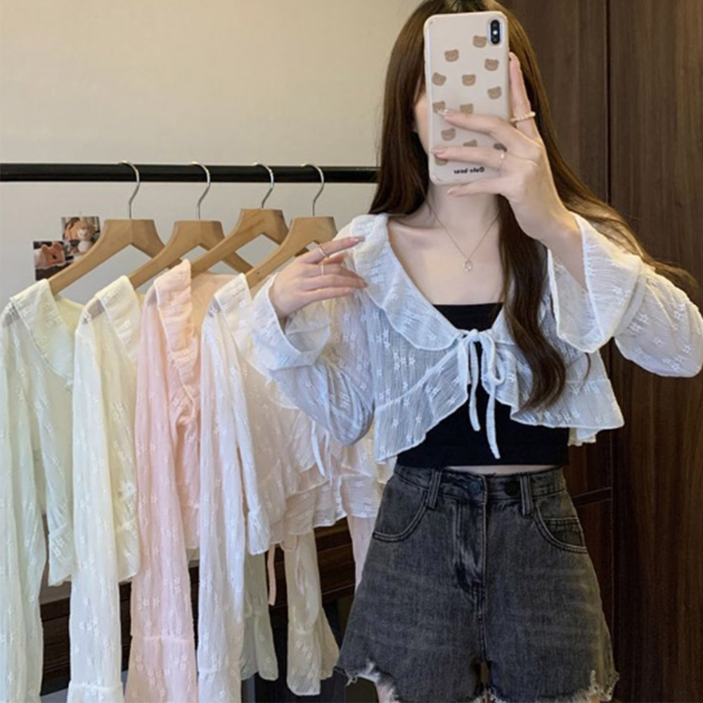 여름 가디건 봄 가을 얇은 여자 여성 20대 크롭 긴팔 시스루 비치 숏 데일리 간절기 이미지