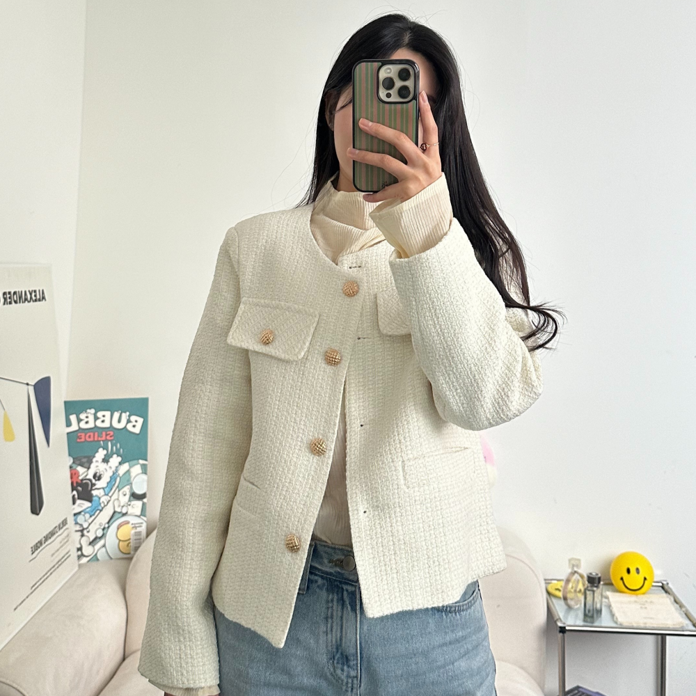 포니크랑 노카라 심플 트위드자켓 봄 가을 긴팔 금장단추 숏자켓 결혼식하객룩 올드머니룩 2color 이미지 4