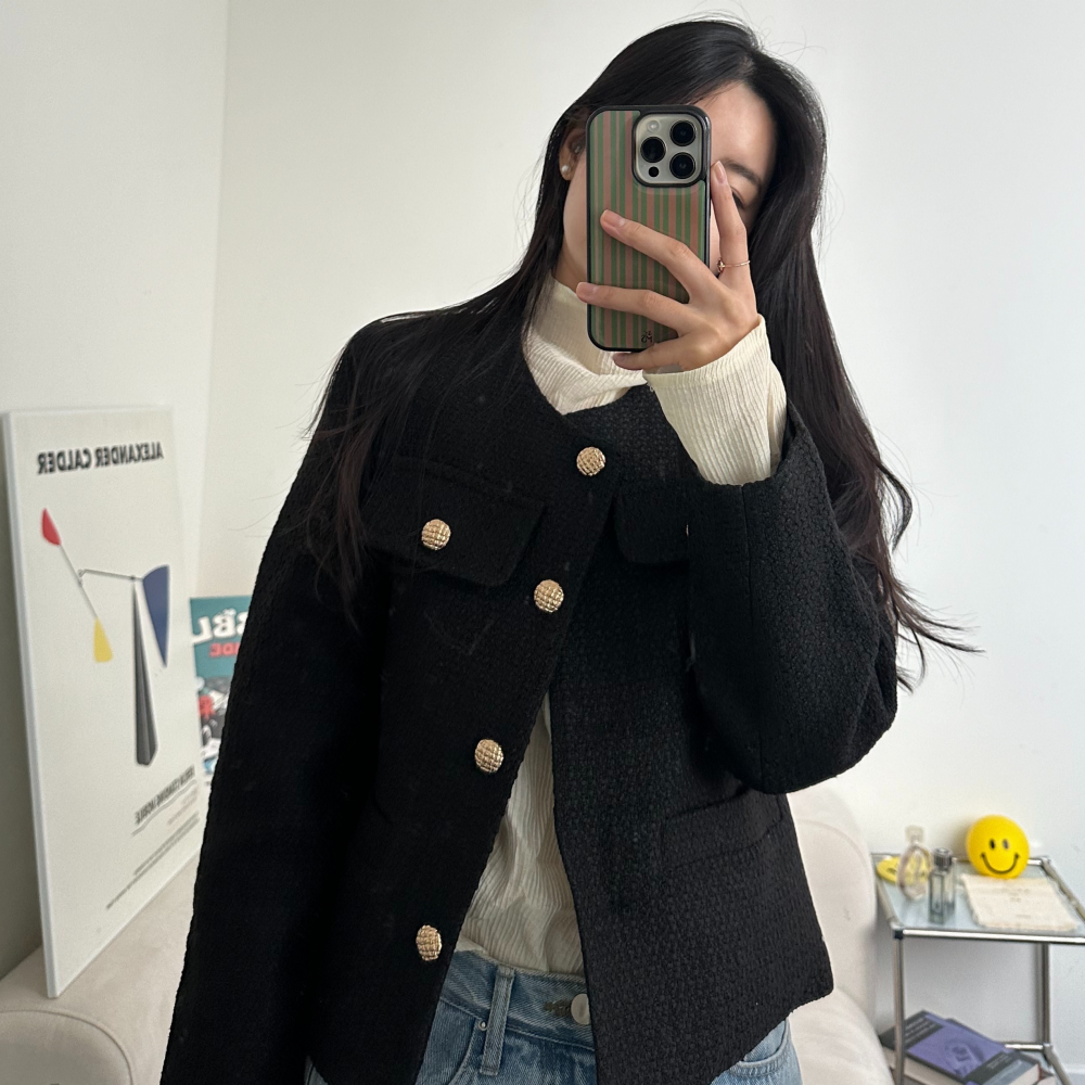 포니크랑 노카라 심플 트위드자켓 봄 가을 긴팔 금장단추 숏자켓 결혼식하객룩 올드머니룩 2color 이미지 2
