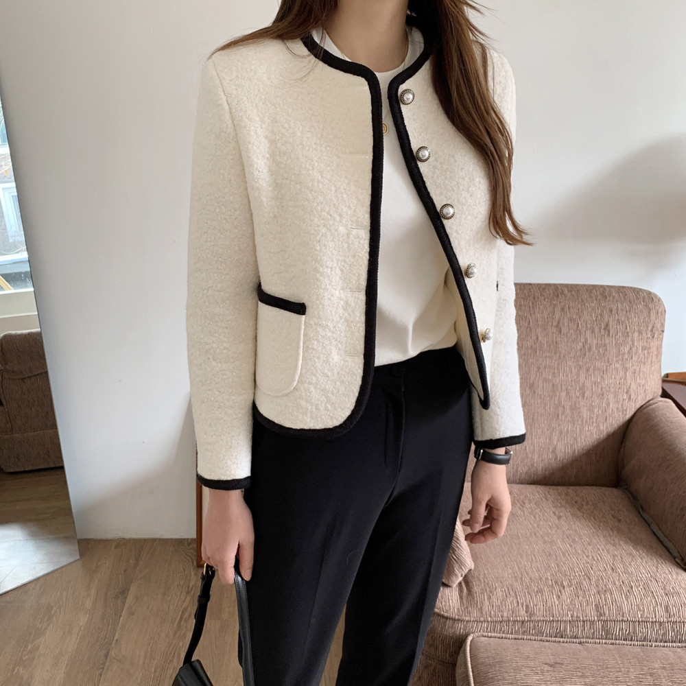 고급 진주 라운드 배색 트위드자켓 누빔 노카라 여자 가을 재킷 모직 여성 울자켓