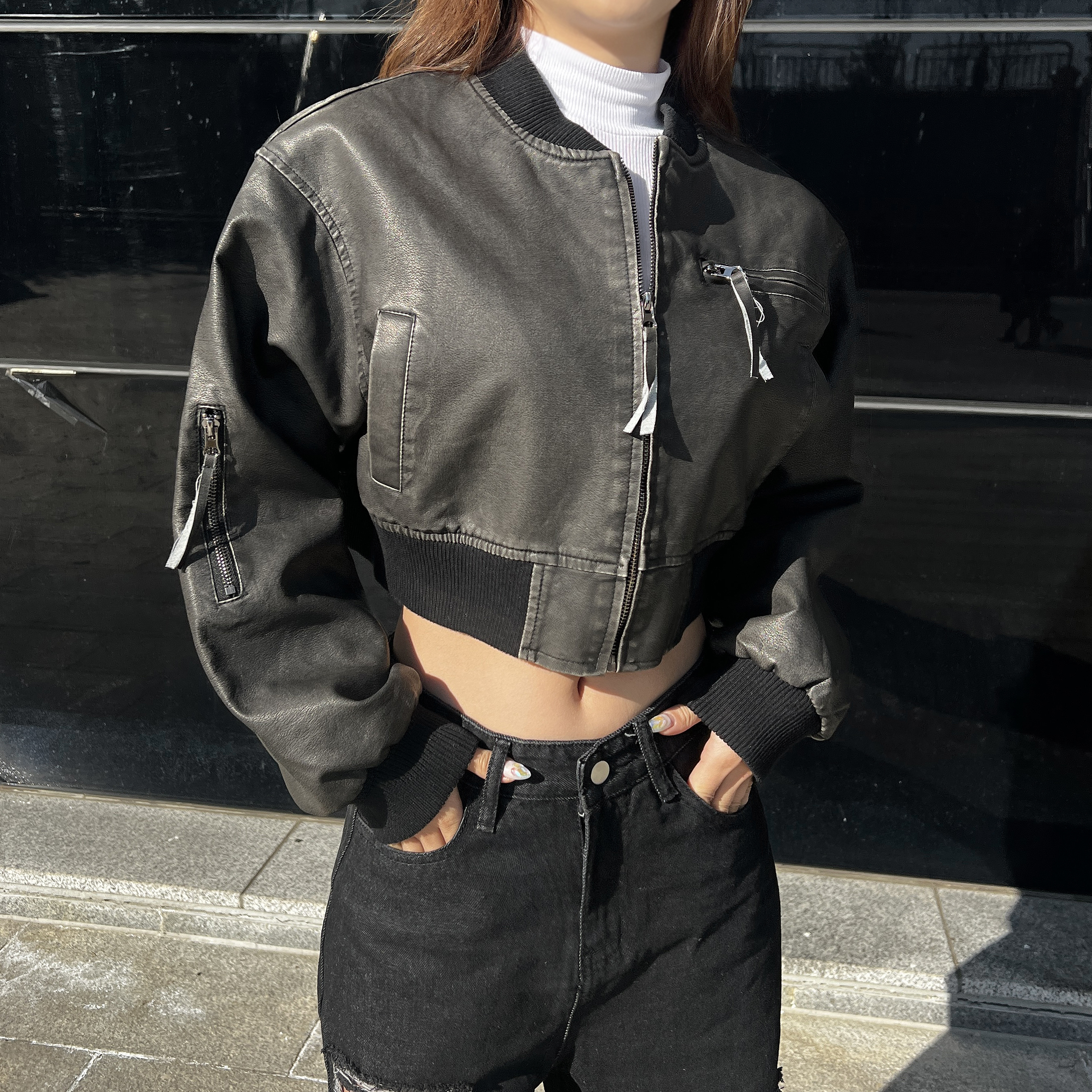 빈티지 라이더 피그먼트 워싱 크롭 레더 집업 자켓 숏점퍼 - 상세 이미지 5