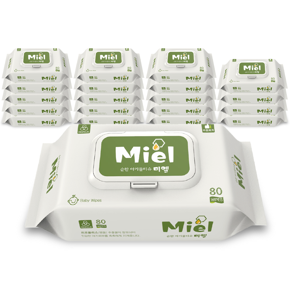 미엘 화이트 아기물티슈 80매 캡형 20팩 엠보싱 평량 55g 도톰 대용량
