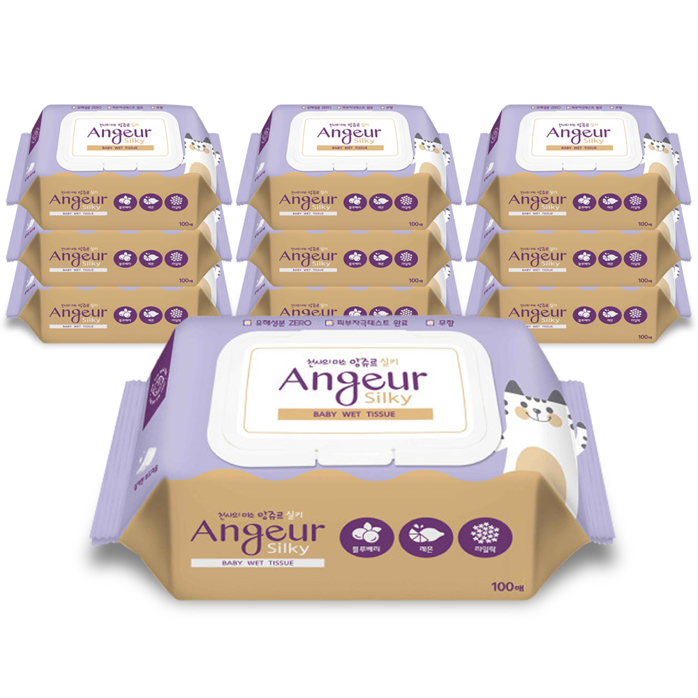 앙쥬르 실키 물티슈 100매 캡형 10팩 평량 55g 도톰 대용량