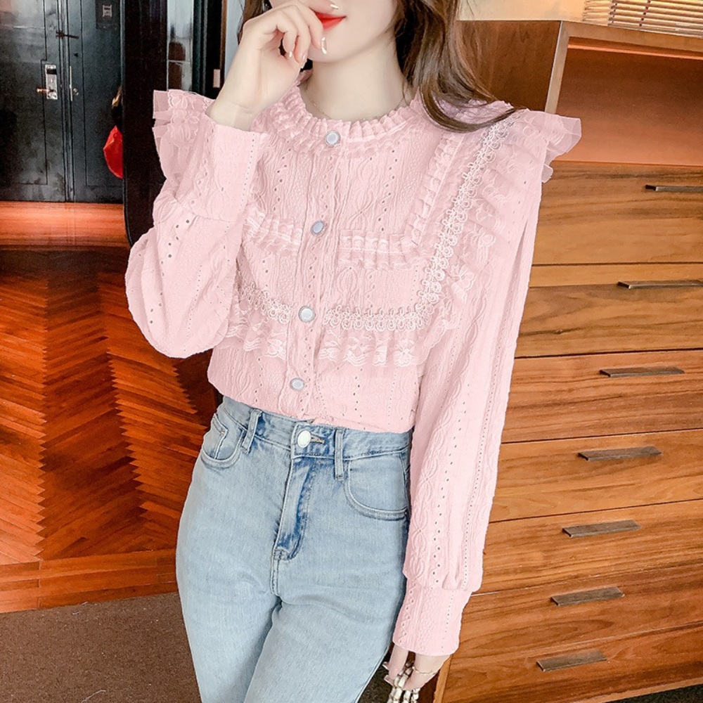 레이스 프릴 블라우스 펀칭 쉬폰 셔츠 공주풍 예쁜 디자인 데일리 봄 여름 화사한 4컬러 - 상세 이미지 3