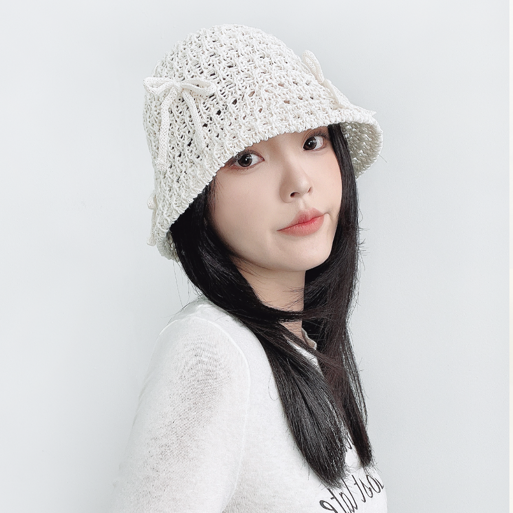 리나 크로셰 펀칭 챙넓은 리본 봄 여름 여성 니트 여자 벙거지 모자 휴양지 버킷햇 - 상세 이미지 3