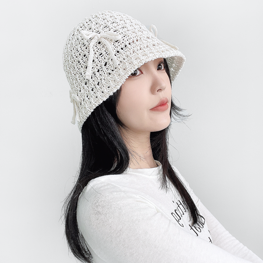 리나 크로셰 펀칭 챙넓은 리본 봄 여름 여성 니트 여자 벙거지 모자 휴양지 버킷햇 - 상세 이미지 2