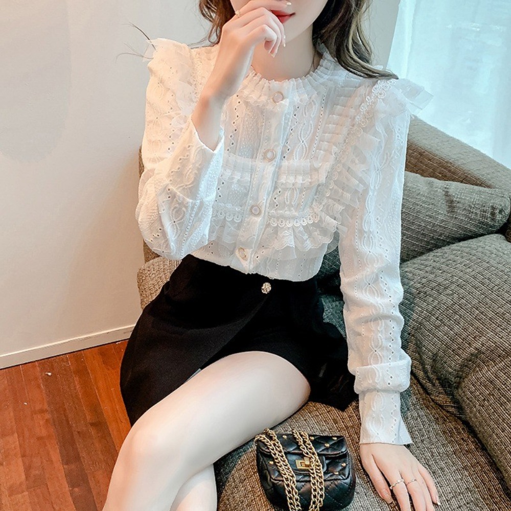레이스 프릴 블라우스 펀칭 쉬폰 셔츠 공주풍 예쁜 디자인 데일리 봄 여름 화사한 4컬러 - 상세 이미지 2