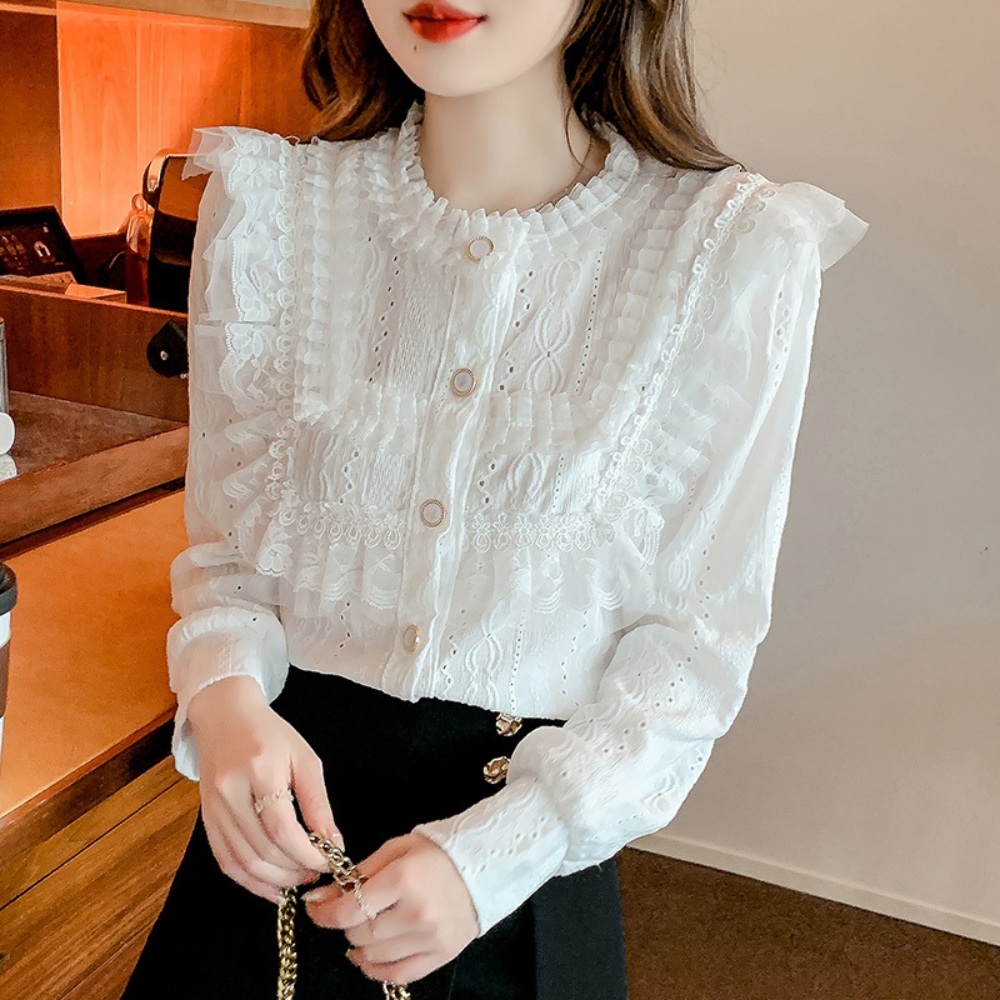 레이스 프릴 블라우스 펀칭 쉬폰 셔츠 공주풍 예쁜 디자인 데일리 봄 여름 화사한 4컬러 - 상세 이미지 4