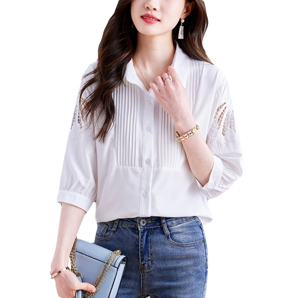 펀칭 7부 블라우스 얇은 셔츠 흰색 화이트 쉬폰 프렌치 시크 루즈핏 예쁜 디자인 중년여성 - 상세 이미지 4