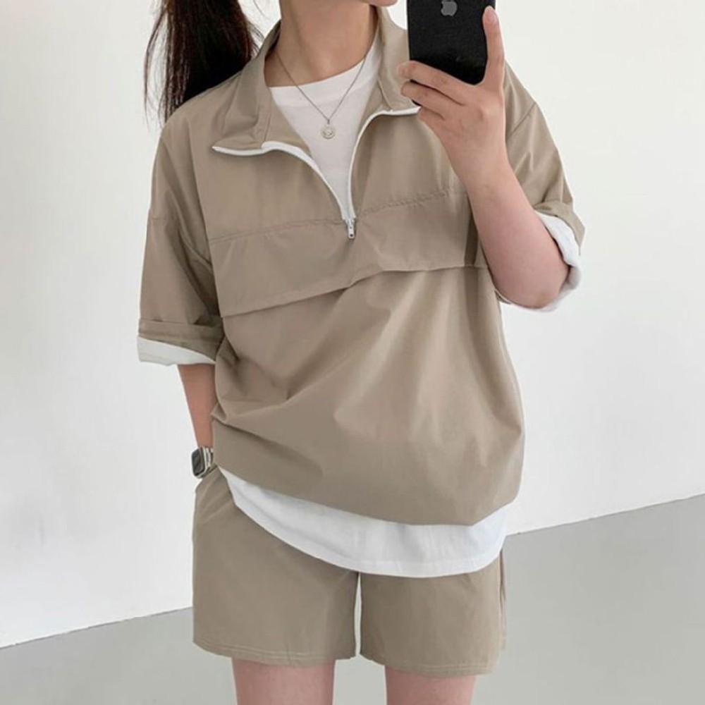 여성 반팔 반바지 아노락 셋업 세트 : 머니2레드