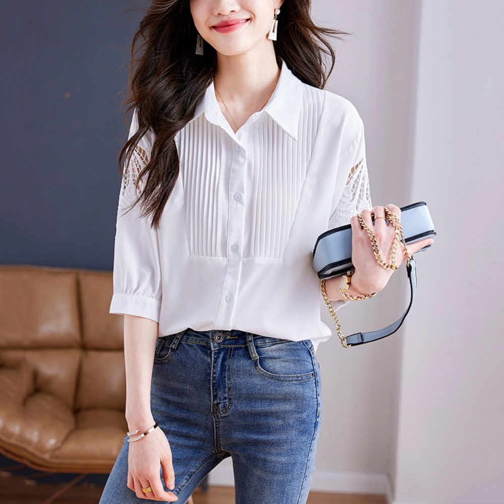 펀칭 7부 블라우스 얇은 셔츠 흰색 화이트 쉬폰 프렌치 시크 루즈핏 예쁜 디자인 중년여성 - 상세 이미지 2