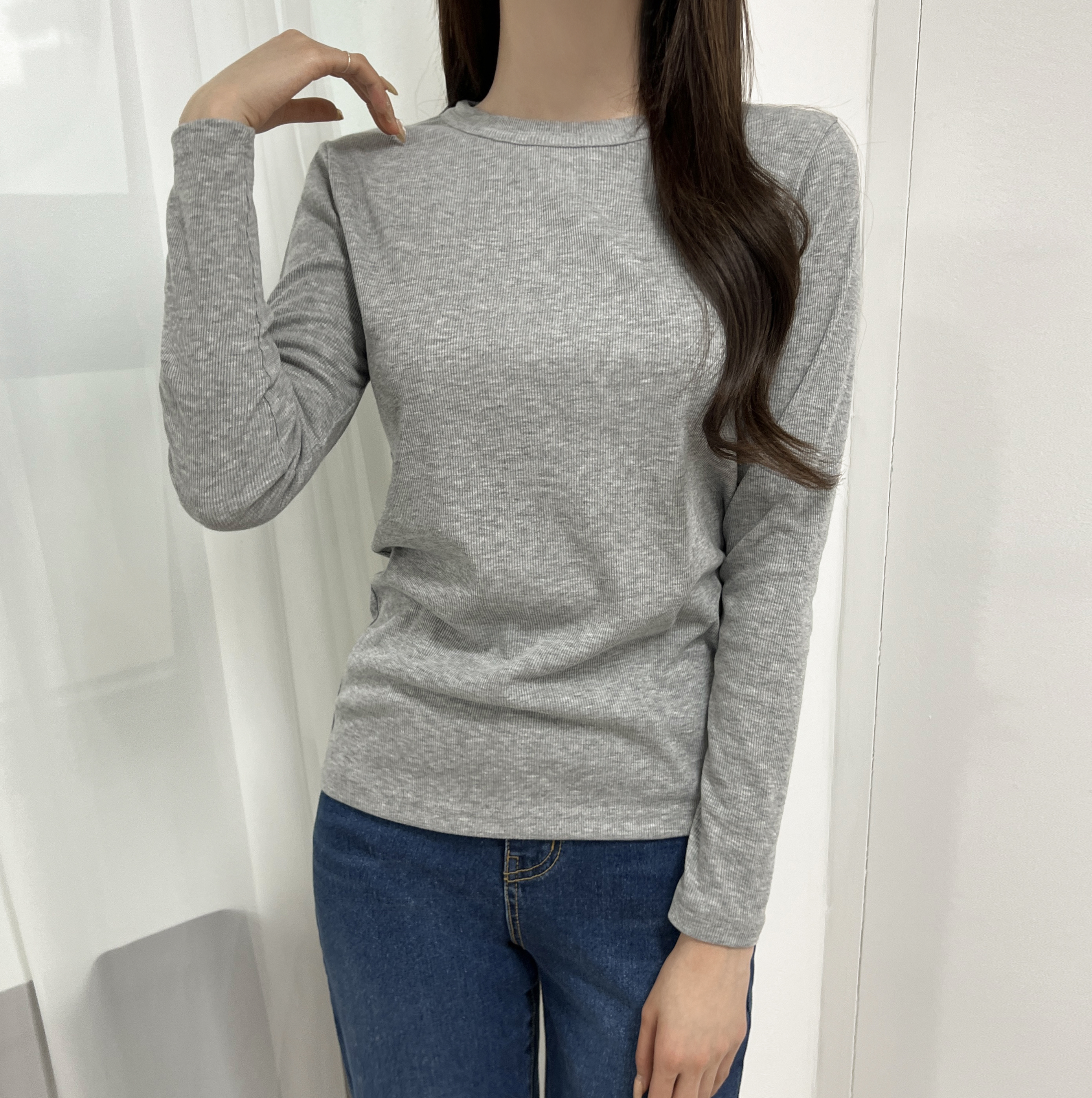 크로유 여리핏 라운드 슬림 골지 긴팔 티셔츠 - 상세 이미지 3