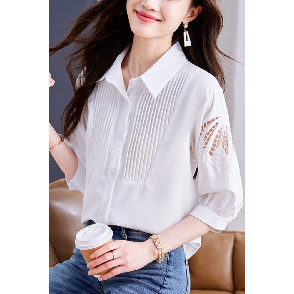 펀칭 7부 블라우스 얇은 셔츠 흰색 화이트 쉬폰 프렌치 시크 루즈핏 예쁜 디자인 중년여성 - 상세 이미지 5