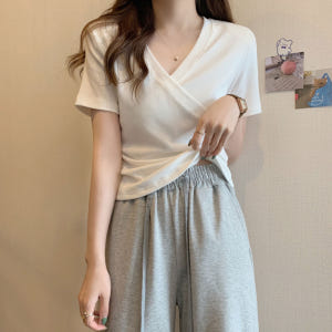 모달 브이넥 크로스 반팔 티셔츠 주름 옆셔링 웨스터 데일리 룩 여자 여름... 착용 후기 | 사이즈/핏 총정리 - 상품 이미지 2
