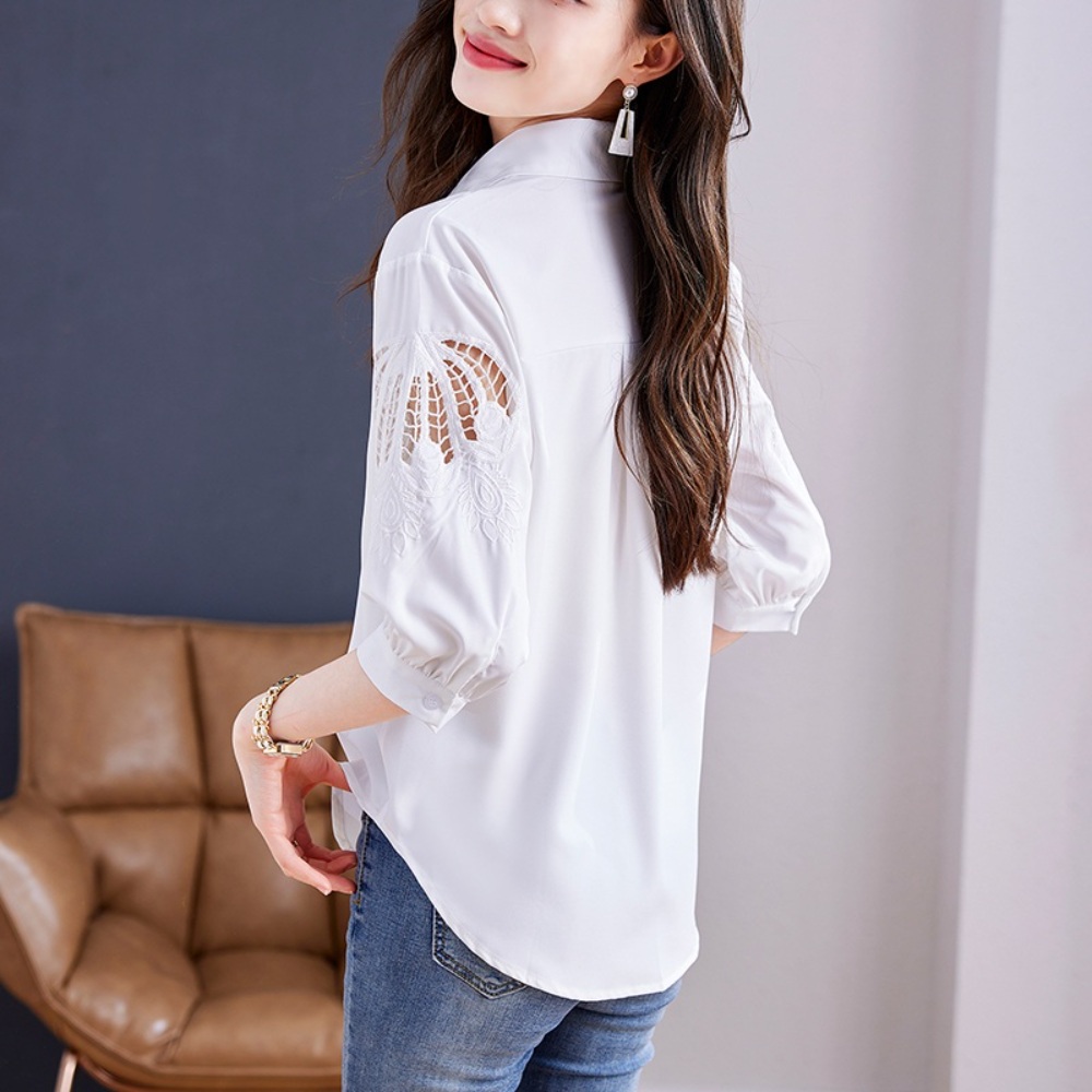 펀칭 7부 블라우스 얇은 셔츠 흰색 화이트 쉬폰 프렌치 시크 루즈핏 예쁜 디자인 중년여성 - 상세 이미지 3