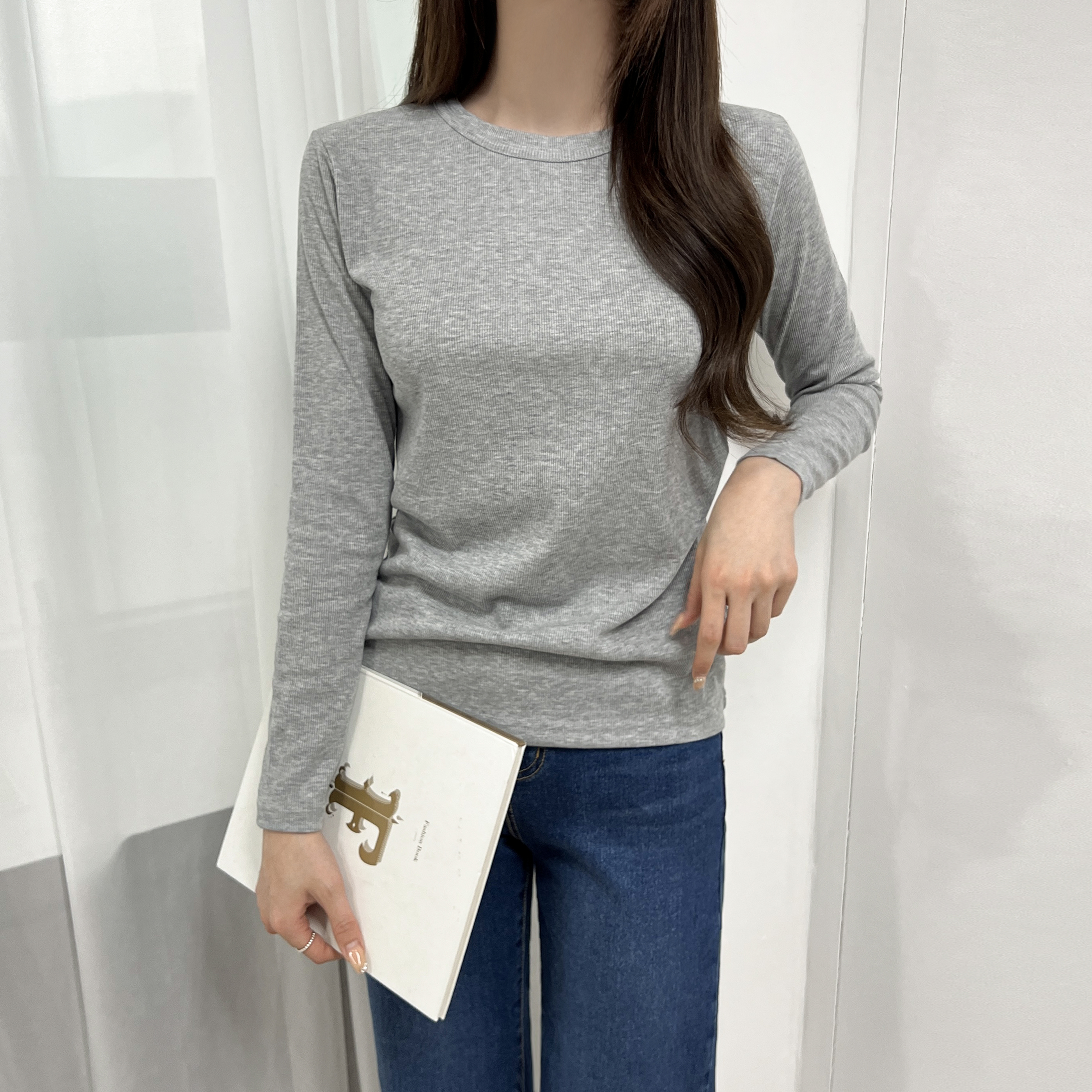크로유 여리핏 라운드 슬림 골지 긴팔 티셔츠 - 상세 이미지 2