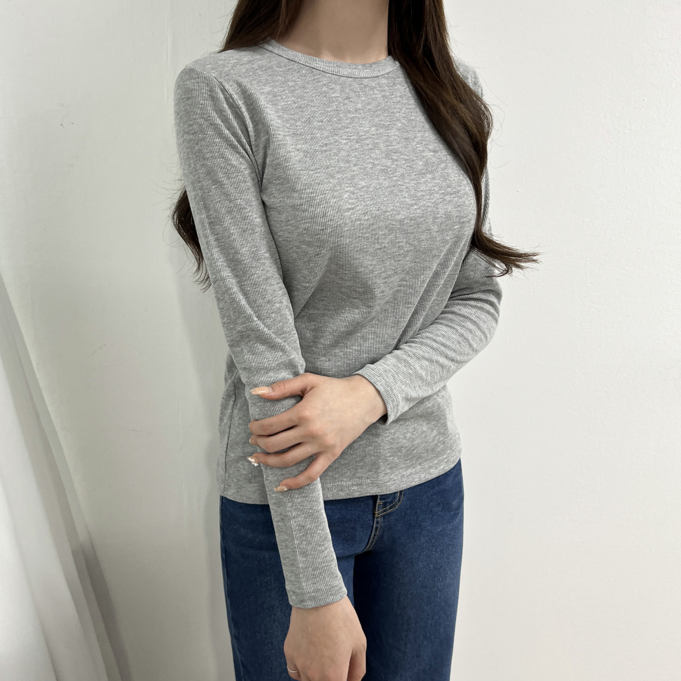 크로유 여리핏 라운드 슬림 골지 긴팔 티셔츠 이미지 6