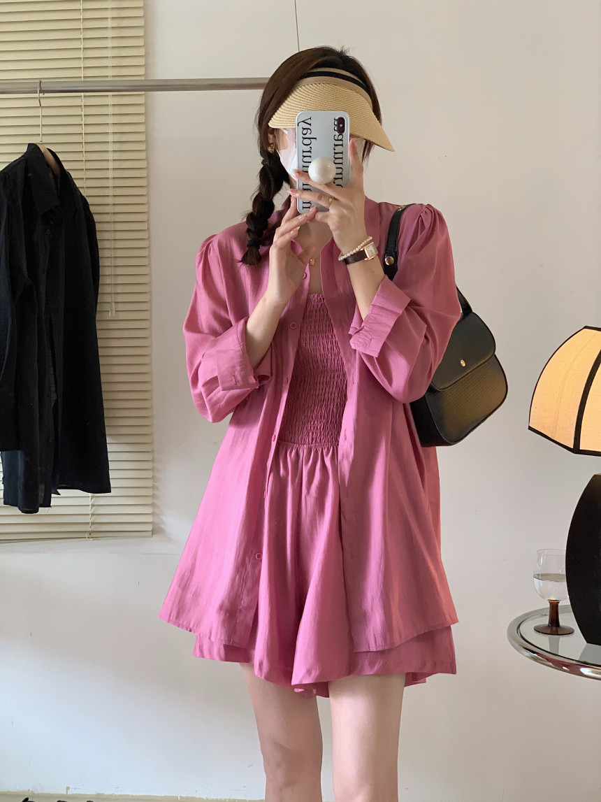 [L-4XL/빅사이즈] 휴양지셋업 스모크 밴딩 점프수트 셔츠 투피스 세트 휴가룩 동남아 여행룩 비치 여름 장마철 에어컨 살안타 햇볕차단 오버핏 루즈핏 남방 코디세트 상세 이미지 3