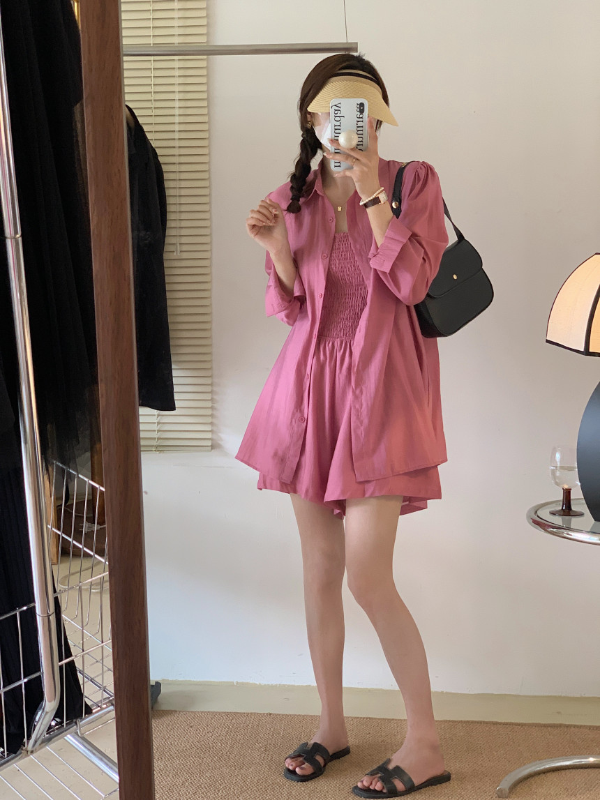 [L-4XL/빅사이즈] 휴양지셋업 스모크 밴딩 점프수트 셔츠 투피스 세트 휴가룩 동남아 여행룩 비치 여름 장마철 에어컨 살안타 햇볕차단 오버핏 루즈핏 남방 코디세트 상세 이미지 8