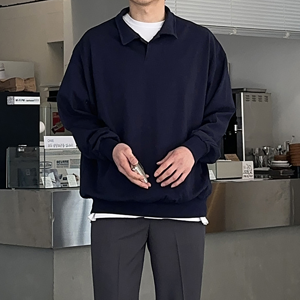 남자오버핏맨투맨 헨리넥 커플 맨투맨 남자카라티셔츠 - 상세 이미지 2