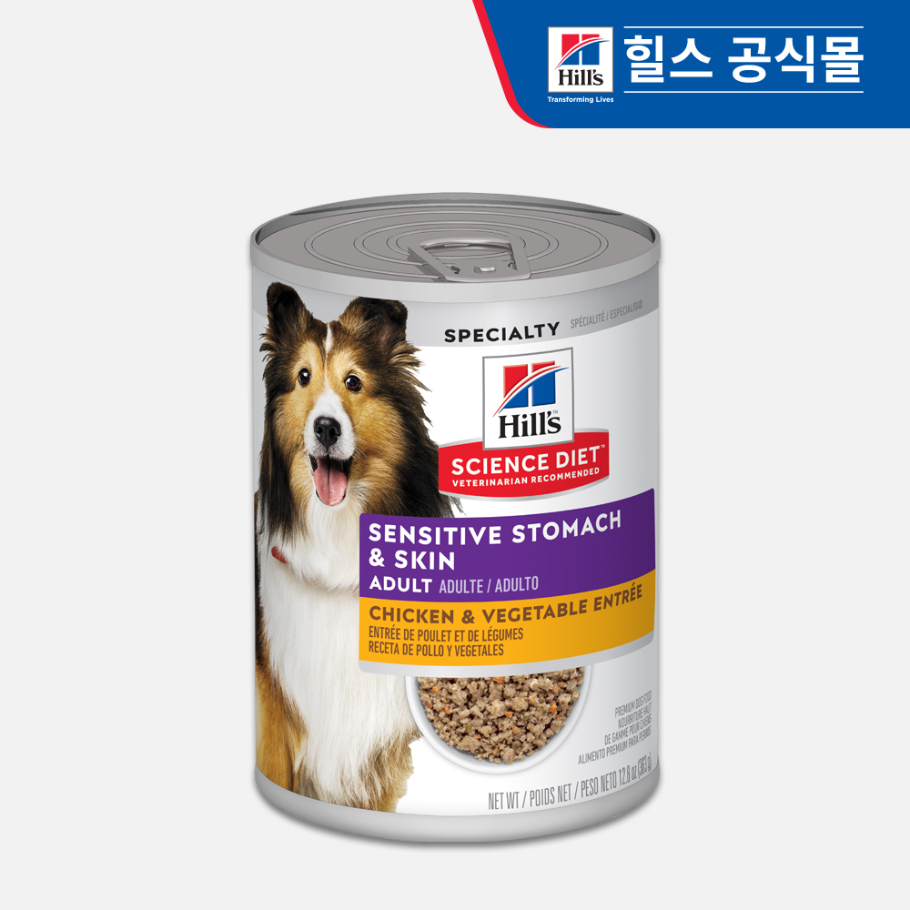 힐스 강아지사료 어덜트 센서티브 스토막 앤 스킨 치킨&야채 앙트레 스튜 주식캔 363g 단품 - 상품 이미지