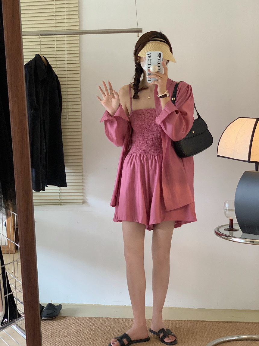 [L-4XL/빅사이즈] 휴양지셋업 스모크 밴딩 점프수트 셔츠 투피스 세트 휴가룩 동남아 여행룩 비치 여름 장마철 에어컨 살안타 햇볕차단 오버핏 루즈핏 남방 코디세트 상세 이미지 7