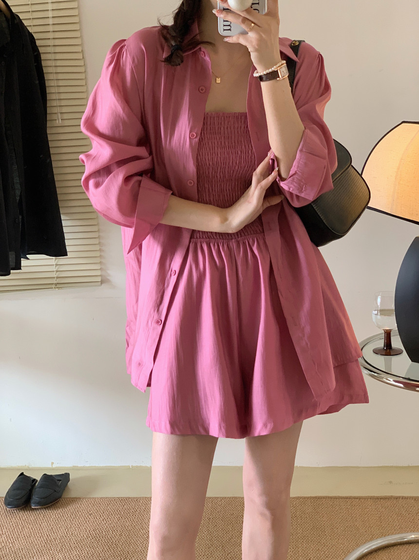 [L-4XL/빅사이즈] 휴양지셋업 스모크 밴딩 점프수트 셔츠 투피스 세트 휴가룩 동남아 여행룩 비치 여름 장마철 에어컨 살안타 햇볕차단 오버핏 루즈핏 남방 코디세트 상세 이미지 1
