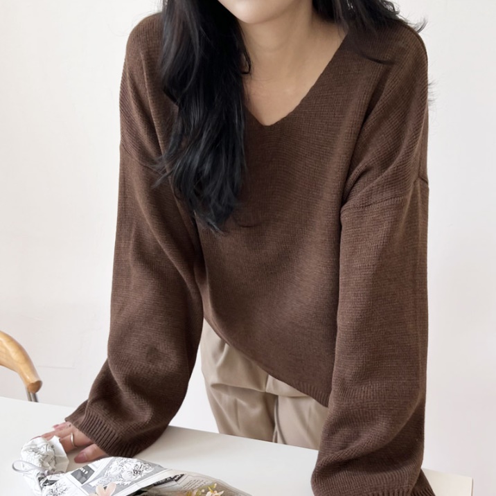 여성 블랙 티셔츠 자켓 이너 티 아이보리 그레이 브라운 브이넥 여자 루즈핏 쫄티 나그랑 - 상품 이미지