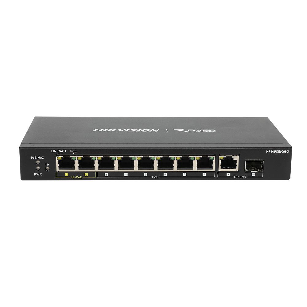 하이크 비전 HR-HIPOE6008G Hi PoE허브 기가 스위칭허브 110W 8포트 업링크 SFP - 상품 이미지