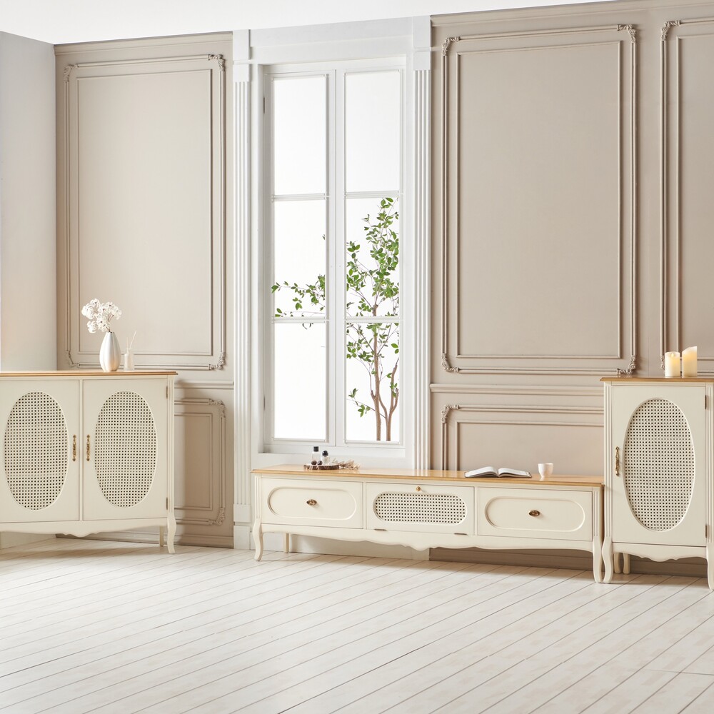 까사홈 헤이미 아이보리 라탄 양문 장식장