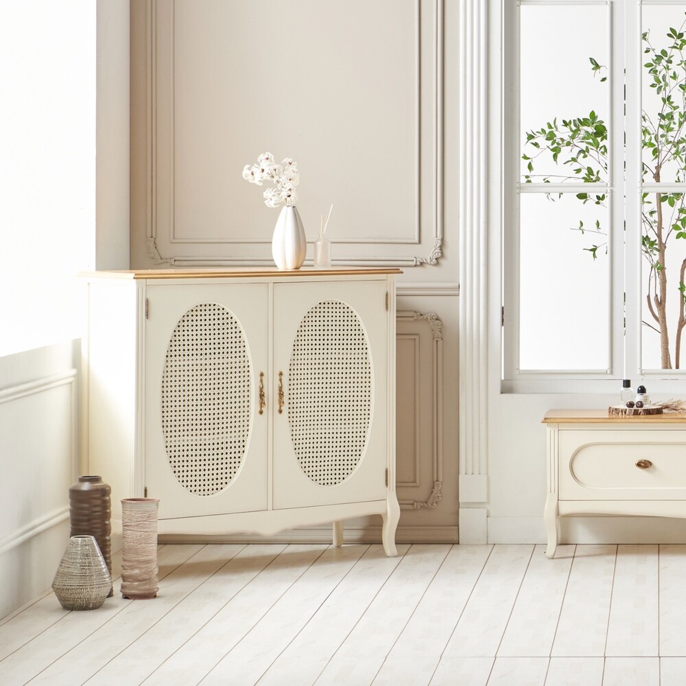 까사홈 헤이미 아이보리 라탄 양문 장식장