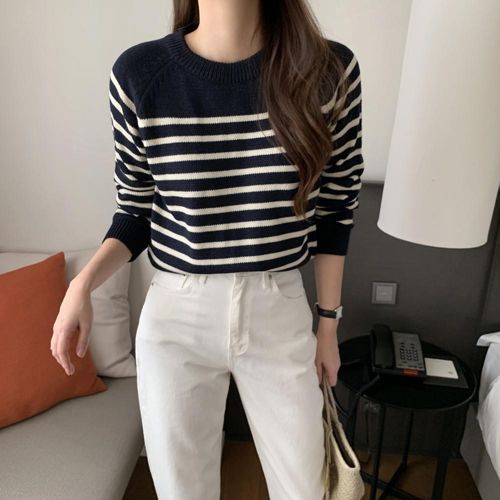 루즈핏 나그랑 스트라이프 니트 단가라 라운드 가을 겨울 여성 니트 티