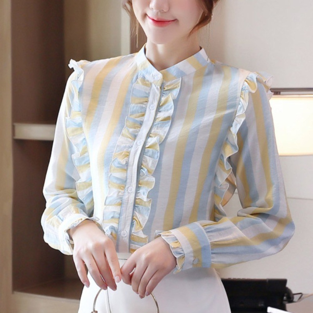 스트라이프 유니크 예쁜 색감 디자인 프릴 차이나카라 셔츠 블라우스 컬러풀 앤틱 프렌치 감성 - 상세 이미지 4