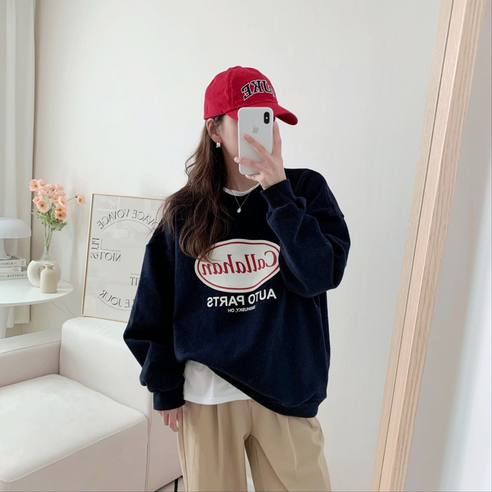 캐주얼 캘러 레터링 프린팅 티셔츠 오버핏 여성 기모 맨투맨 박스티 여자 기모 티셔츠 코튼 - 상세 이미지 3
