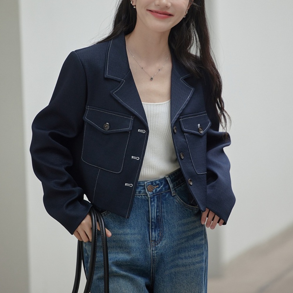 네이비 화이트 스티치 크롭 자켓 유니크 캐주얼 연예인 패션 코디 봄 가을 학생 ootd - 상품 이미지