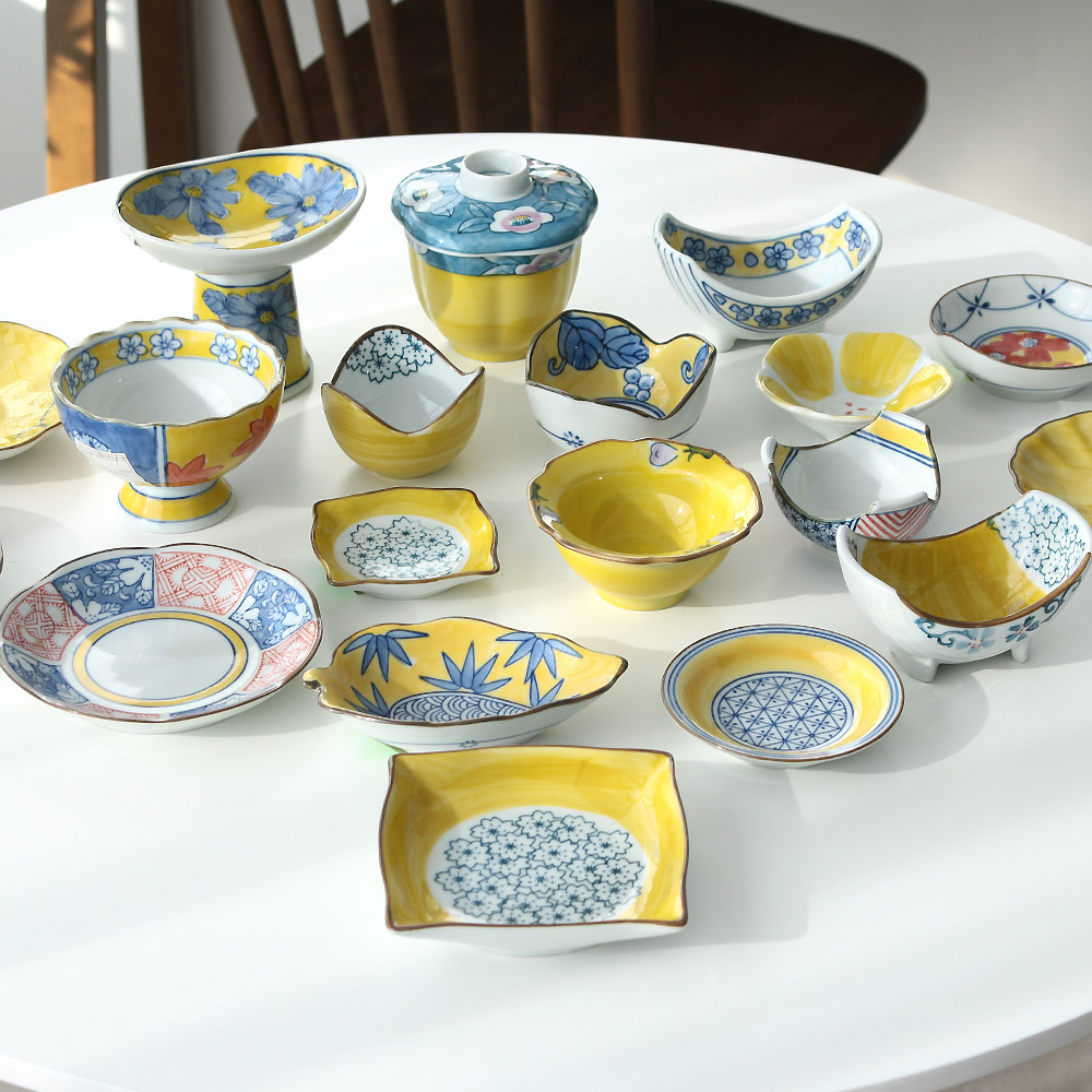 일식 노랑 도자기 반찬기 미니 사각 원형 찬기 반찬 그릇 접시