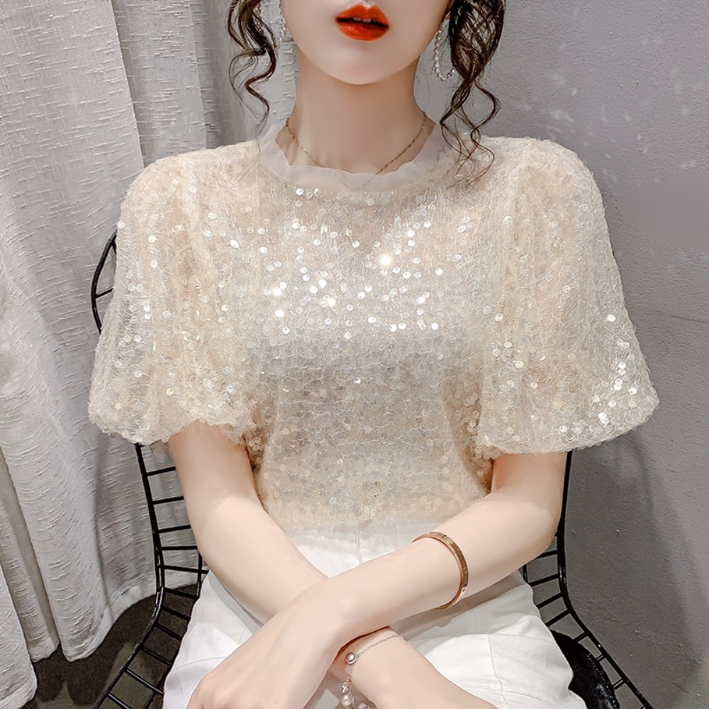 시스루 스팽글 반팔 블라우스 셔츠 오간자 모임 댄스 여름 - 상세 이미지 3