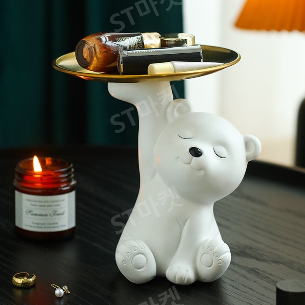 럭셔리 곰 화이트 트레이 현관 키 보관 악세사리 소품 홀더 홈 TV 캐비닛 장식 20cm - 상품 이미지